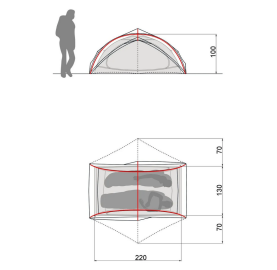 tente ultra légère 2 places 2 absides 1 m hauteur intérieur 1m30 largeur